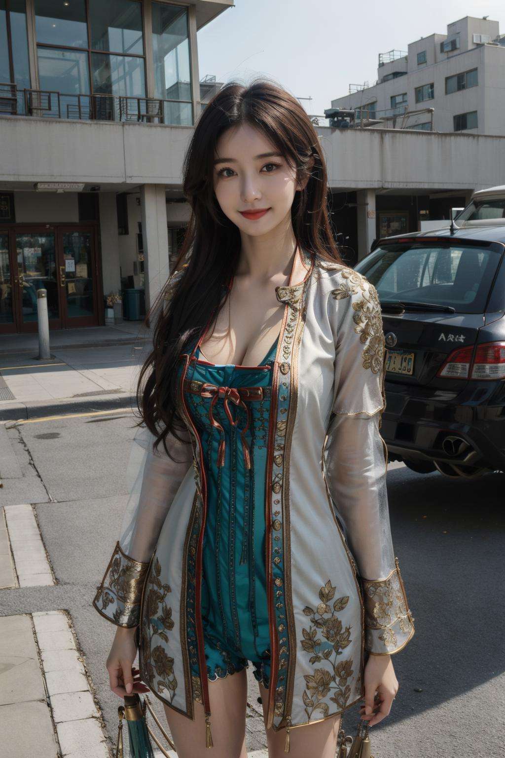 gufeng,upper body,standing,looking at viewer,pov,building,outdoors,masterpiece,best quality,extremely detailed 8K wallpaper,1girl,moyu,cleavage,long sleeves,light_smile,