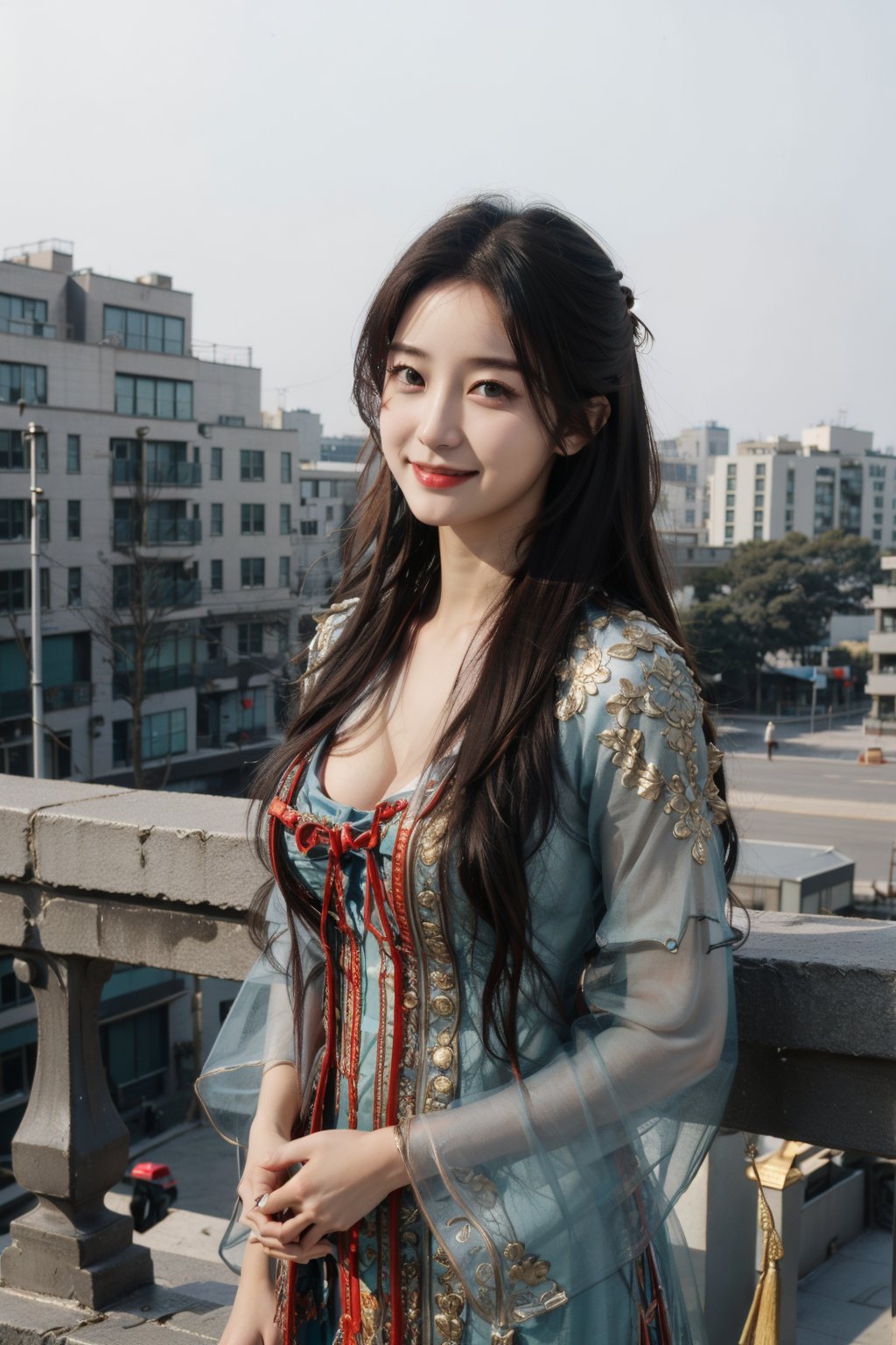 gufeng,upper body,standing,looking at viewer,pov,building,outdoors,masterpiece,best quality,extremely detailed 8K wallpaper,1girl,moyu,cleavage,long sleeves,light_smile,