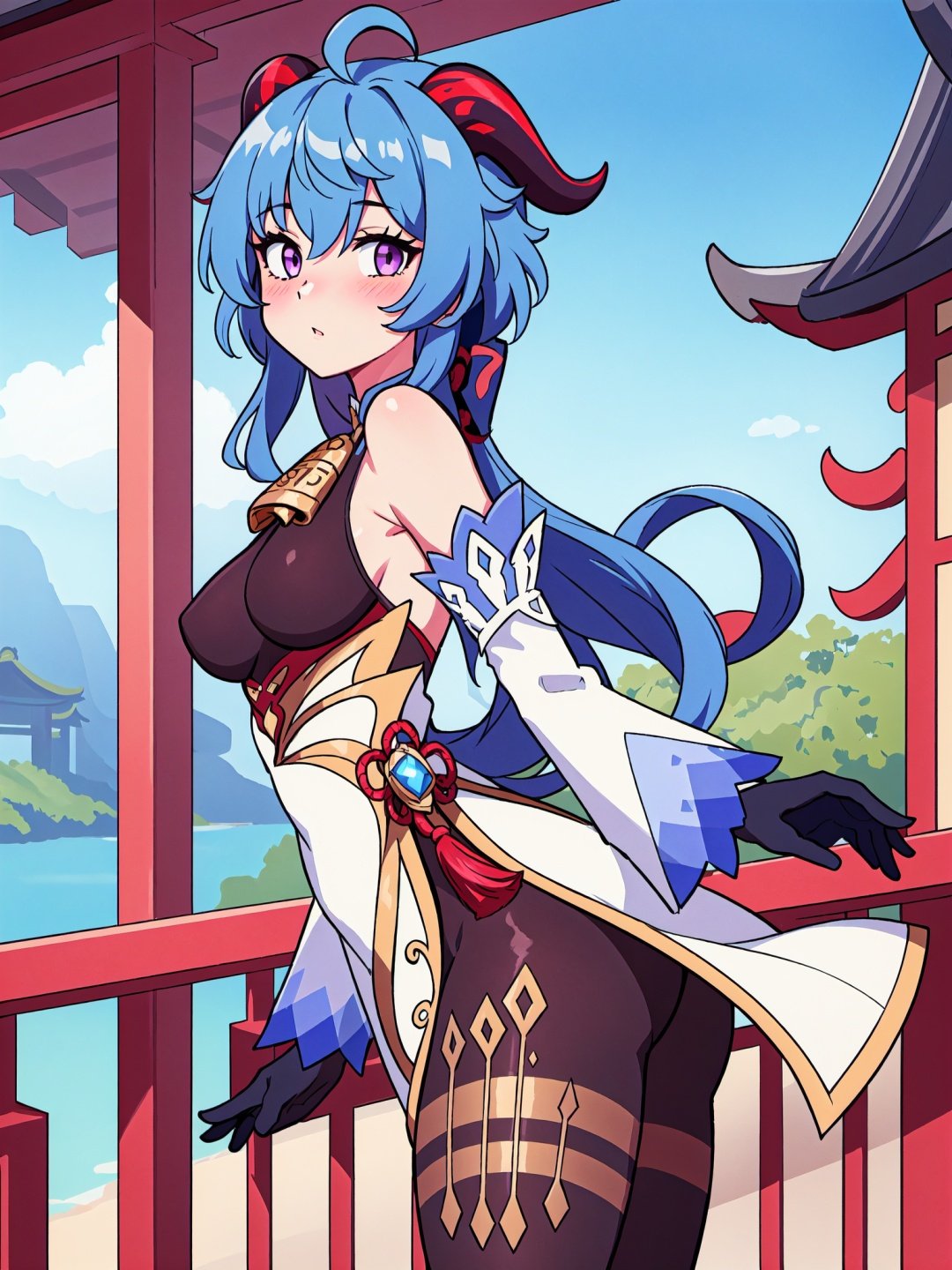 ganyu \(genshin impact\), 1girl, ahoge, architecture, bangs, bare shoulders, bell, black gloves, black pantyhose, ((blue hair)), blush, breasts, chinese knot, detached sleeves, east asian architecture, flower knot, gloves, horns, long hair, looking at viewer, medium breasts, neck bell, day, outdoors, pantyhose, purple eyes, sidelocks, solo, tassel, white sleeves, ((masterpiece))