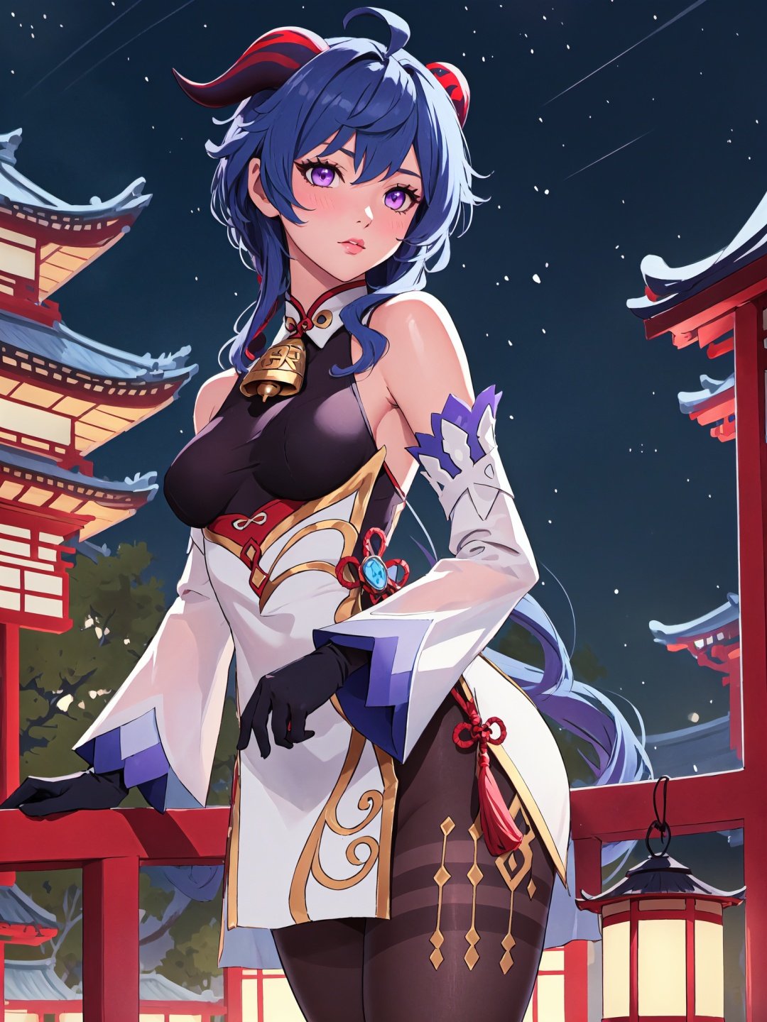 ganyu \(genshin impact\), 1girl, ahoge, architecture, bangs, bare shoulders, bell, black gloves, black pantyhose, ((blue hair)), blush, breasts, chinese knot, detached sleeves, east asian architecture, flower knot, gloves, horns, long hair, looking at viewer, medium breasts, neck bell, night, outdoors, pantyhose, purple eyes, sidelocks, solo, tassel, white sleeves, ((masterpiece))