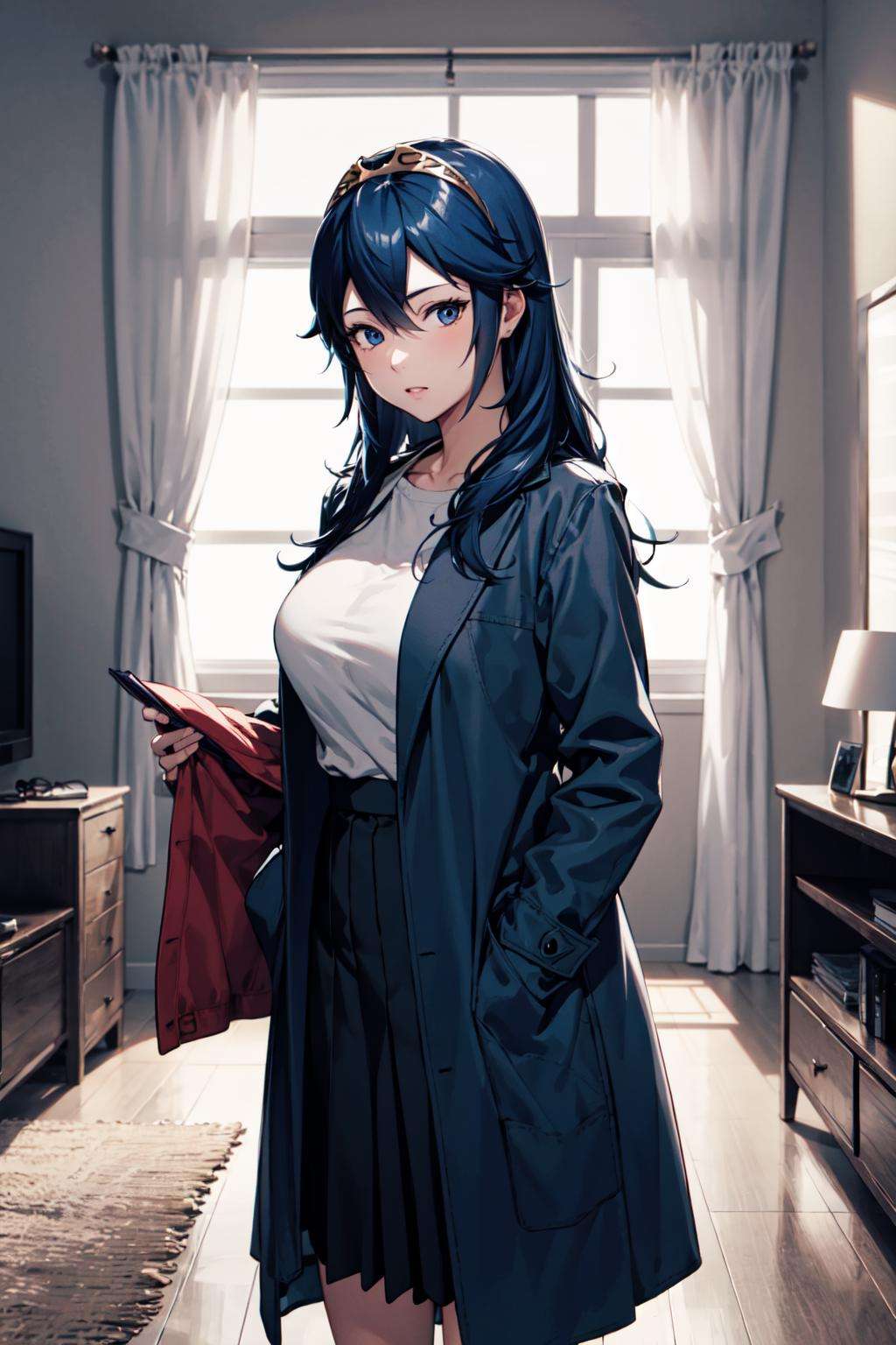 1girl, blue hair, blue eyes, solo, tiara, hair between eyes,  <lora:lucina-03:1>, large breast, casual clothing, skirt, open coat, facing viewer, living room, hand in pockets