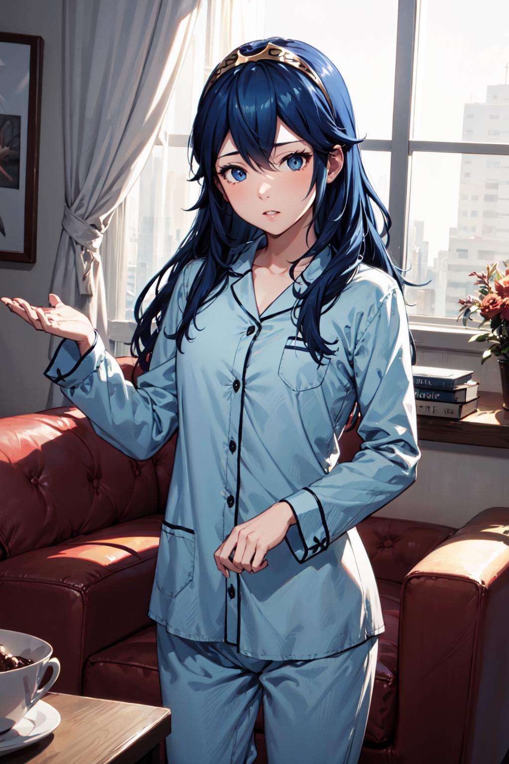 1girl, blue hair, blue eyes, solo, tiara, hair between eyes,  <lora:lucina-03:1>, pajamas, sleepwear, facing viewer, living room