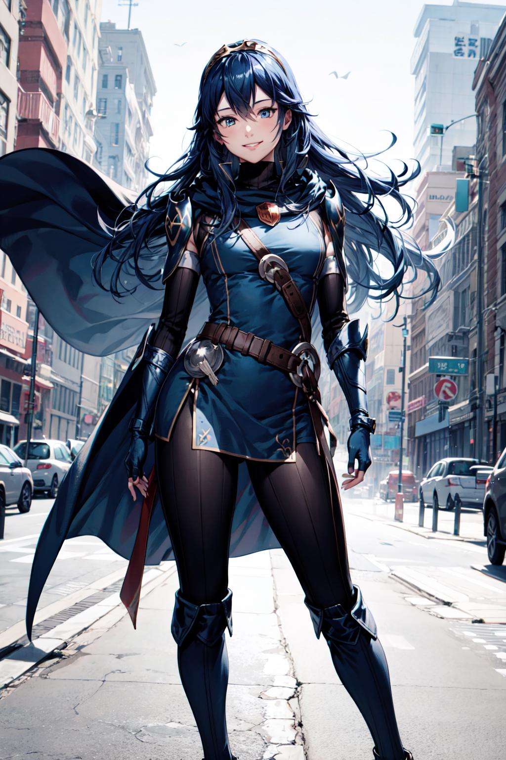 1girl, blue hair, blue eyes, solo, tiara, hair between eyes, fingerless gloves, armor, cape, necklace, mature female, <lora:lucina-03:1>, facing viewer, medium breasts, standing, smile  <lora:add_detail:0.6>