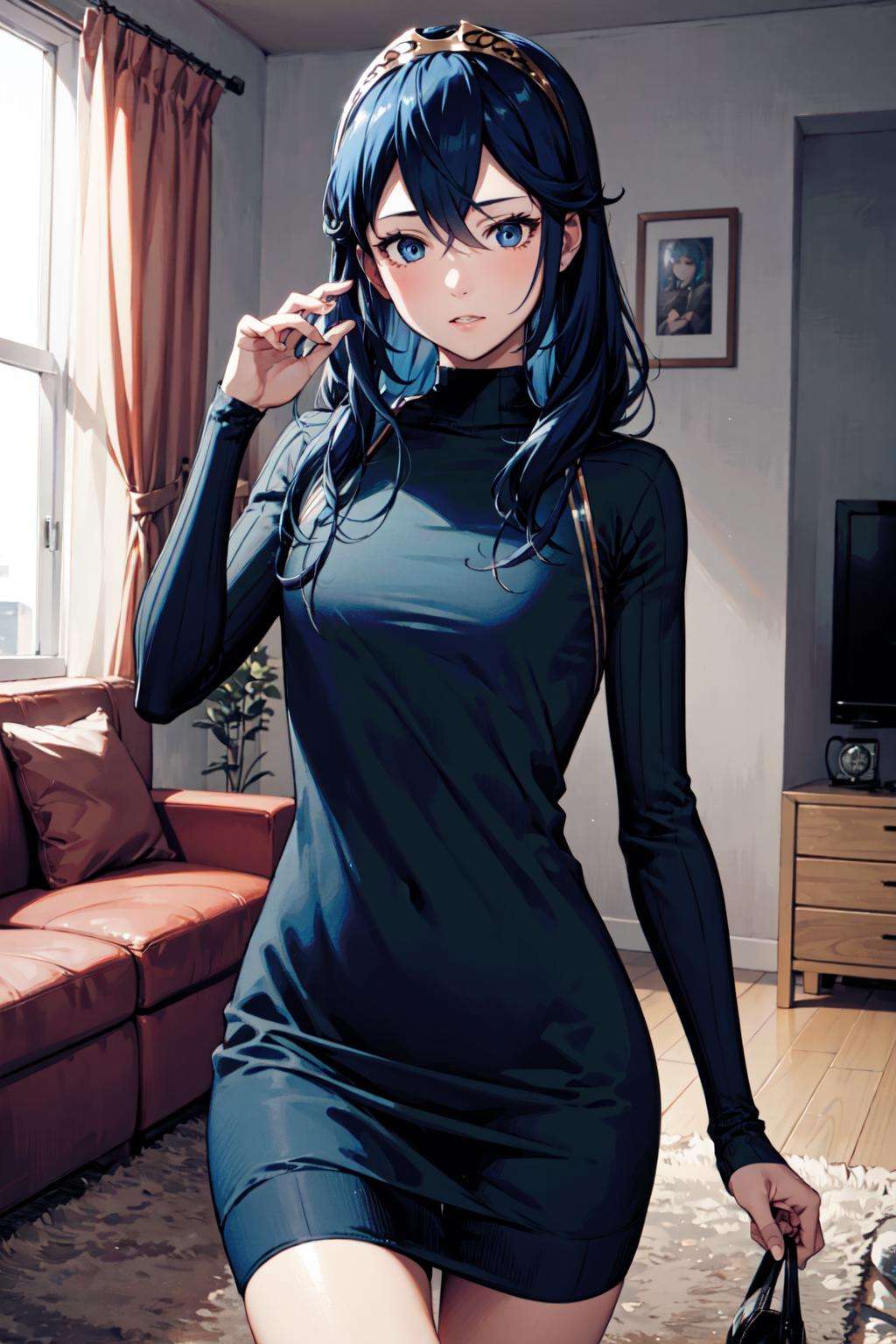 1girl, blue hair, blue eyes, solo, tiara, hair between eyes,  <lora:lucina-03:1>, sweater dress, sweater , facing viewer, living room