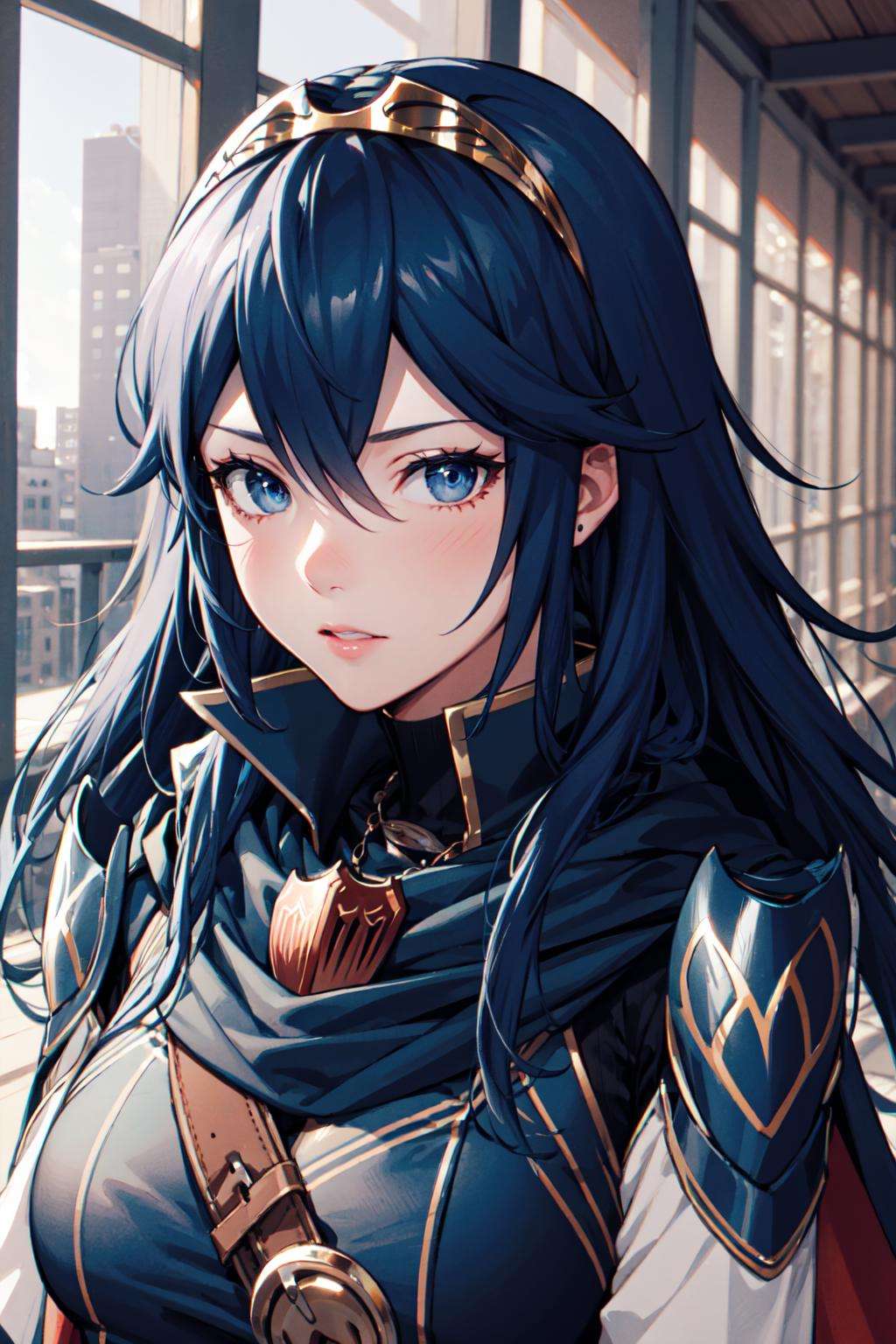 1girl, blue hair, blue eyes, solo, tiara, large breast, hair between eyes, fingerless gloves, armor, cape, necklace, mature female, <lora:lucina-03:1>, facing viewer, 