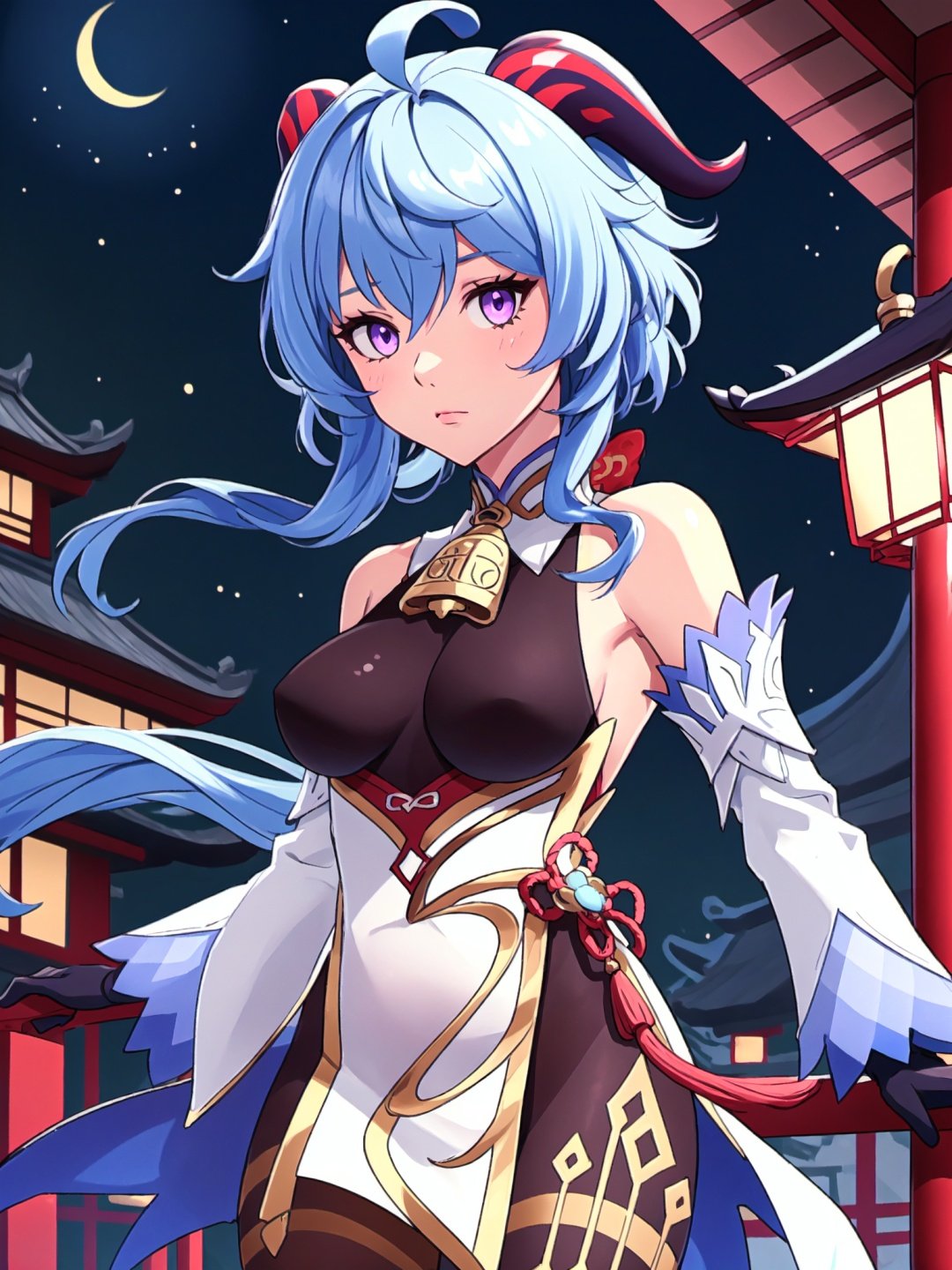 ganyu \(genshin impact\), 1girl, ahoge, architecture, bangs, bare shoulders, bell, black gloves, black pantyhose, ((blue hair)), blush, breasts, chinese knot, detached sleeves, east asian architecture, flower knot, gloves, horns, long hair, looking at viewer, medium breasts, neck bell, night, outdoors, pantyhose, purple eyes, sidelocks, solo, tassel, white sleeves, ((masterpiece))