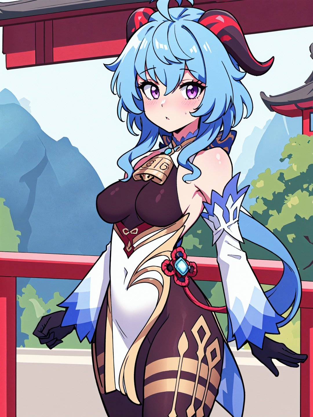 ganyu \(genshin impact\), 1girl, ahoge, architecture, bangs, bare shoulders, bell, black gloves, black pantyhose, ((blue hair)), blush, breasts, chinese knot, detached sleeves, east asian architecture, flower knot, gloves, horns, long hair, looking at viewer, medium breasts, neck bell, day, outdoors, pantyhose, purple eyes, sidelocks, solo, tassel, white sleeves, ((masterpiece))