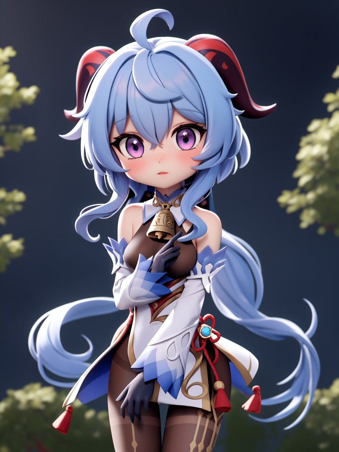 ganyu \(genshin impact\), chibi, pvc, render, 1girl, ahoge, bangs, bare shoulders, bell, black gloves, black pantyhose, ((blue hair)), blush, breasts, chinese knot, detached sleeves, flower knot, gloves, horns, long hair, looking at viewer, small breasts, neck bell, outdoors, pantyhose, purple eyes, sidelocks, solo, tassel, white sleeves, ((masterpiece)),chibi