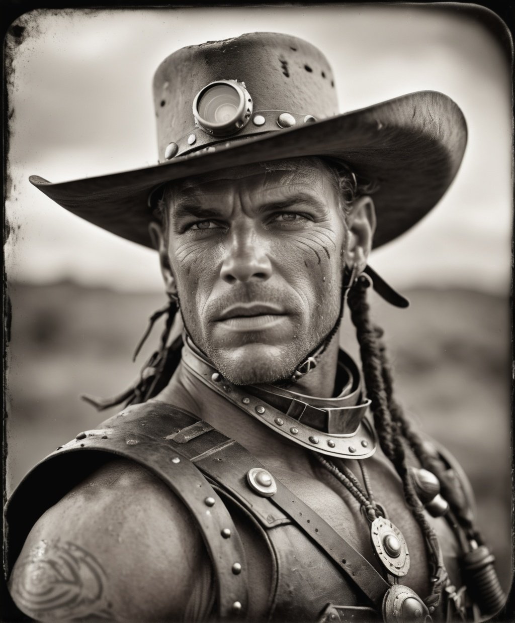 vintage wet plate photo, cyborg mutant warrior cowboy in world war 5 from 3055 after a huge battle. Nikon 100mm 100iso f8.0 apature, ultra-realistic, ultra detailed,