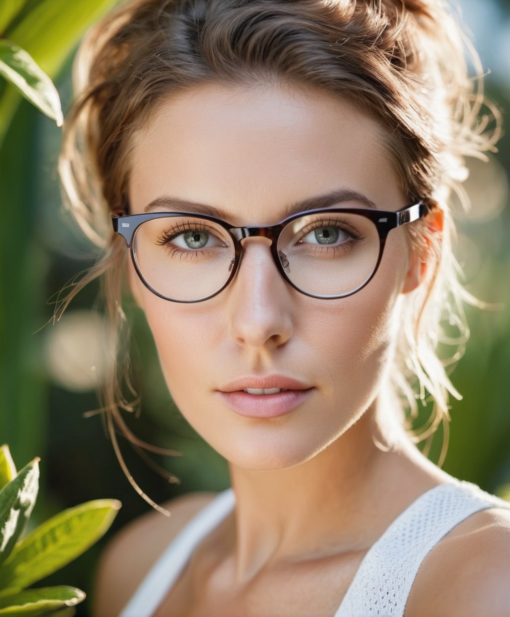 Woman, beautiful garden, glasses, showing skin, soft symmetric facial features, close up portrait, young, shot on sony a1, 85mm F/1. 4 ISO 100, medium format, 45 megapixel, flash lighting, natural sun lighting