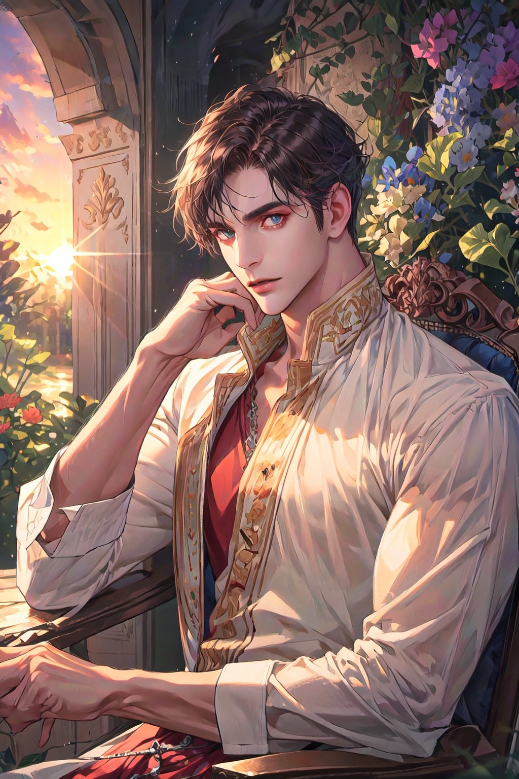 (masterpiece,  best quality, perfact eyes, ultra detailed), absurdres,  highres,  subsurface scattering,  upper body,  1 male,  solo,  adult,  tall,  handsome,  muscular_body,  sit on chair,  open eyes,  sunlight,  garden,  inside,  palace,  sunset,  beautiful background,  closed mouth,  (male_focus: 1.4),  person in the center
