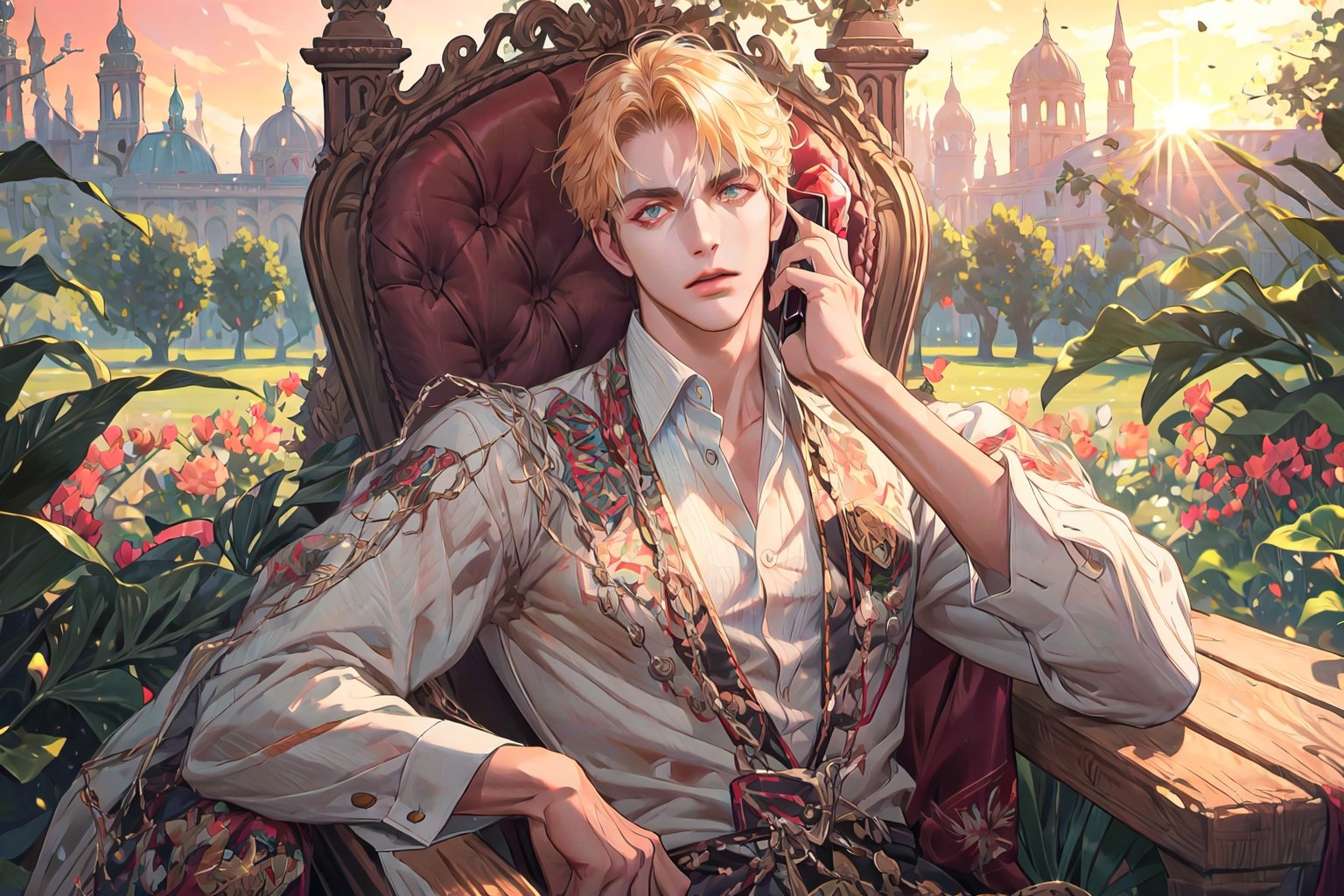 (masterpiece,  best quality, perfact eyes, ultra detailed), absurdres,  highres,  subsurface scattering,  (cowboy_shot:1.3),  upper body,  1 male,  solo,  adult,  tall,  handsome,  muscular_body,  sit on chair,  open eyes,  sunlight,  garden,  inside,  palace,  sunset,  beautiful background,  closed mouth,  (male_focus: 1.4),  person in the center
