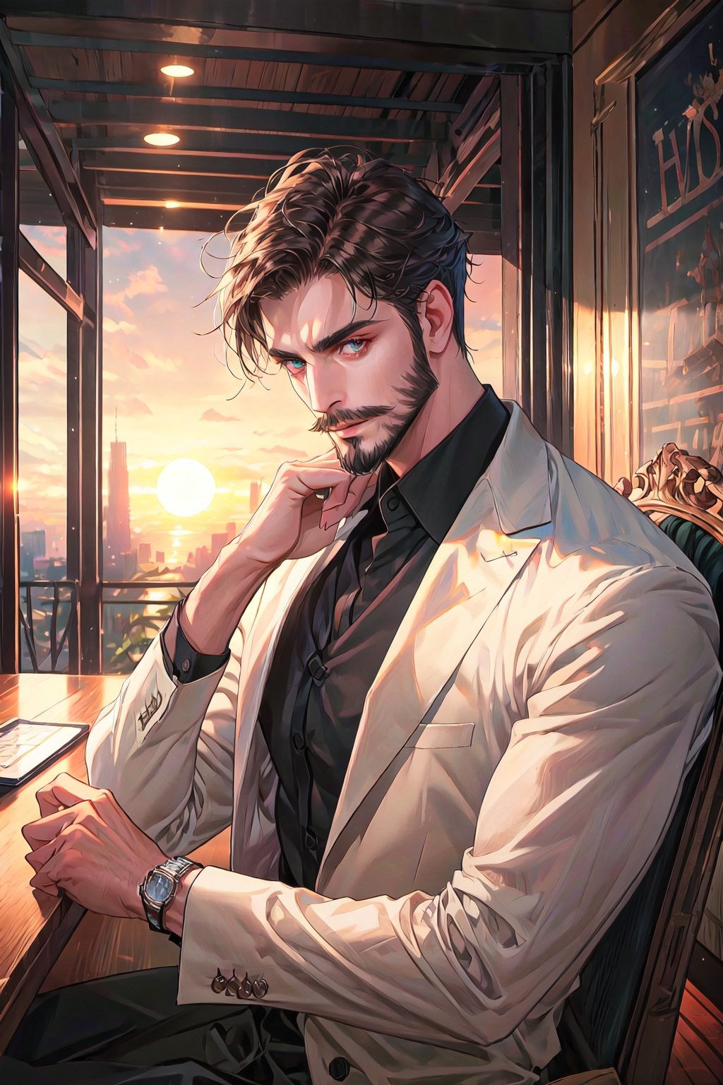 (masterpiece,  best quality, perfact eyes, ultra detailed), absurdres,  highres,  subsurface scattering,  upper body,  1 male,  solo,  adult, middle-age, aged up, tall,  handsome, sit on chair, open eyes, beard, mustache, entrepreneur, businessman, suit, tough guy, inside, modern house, modern, sunset,  beautiful background,  closed mouth,  (male_focus: 1.4),  person in the center