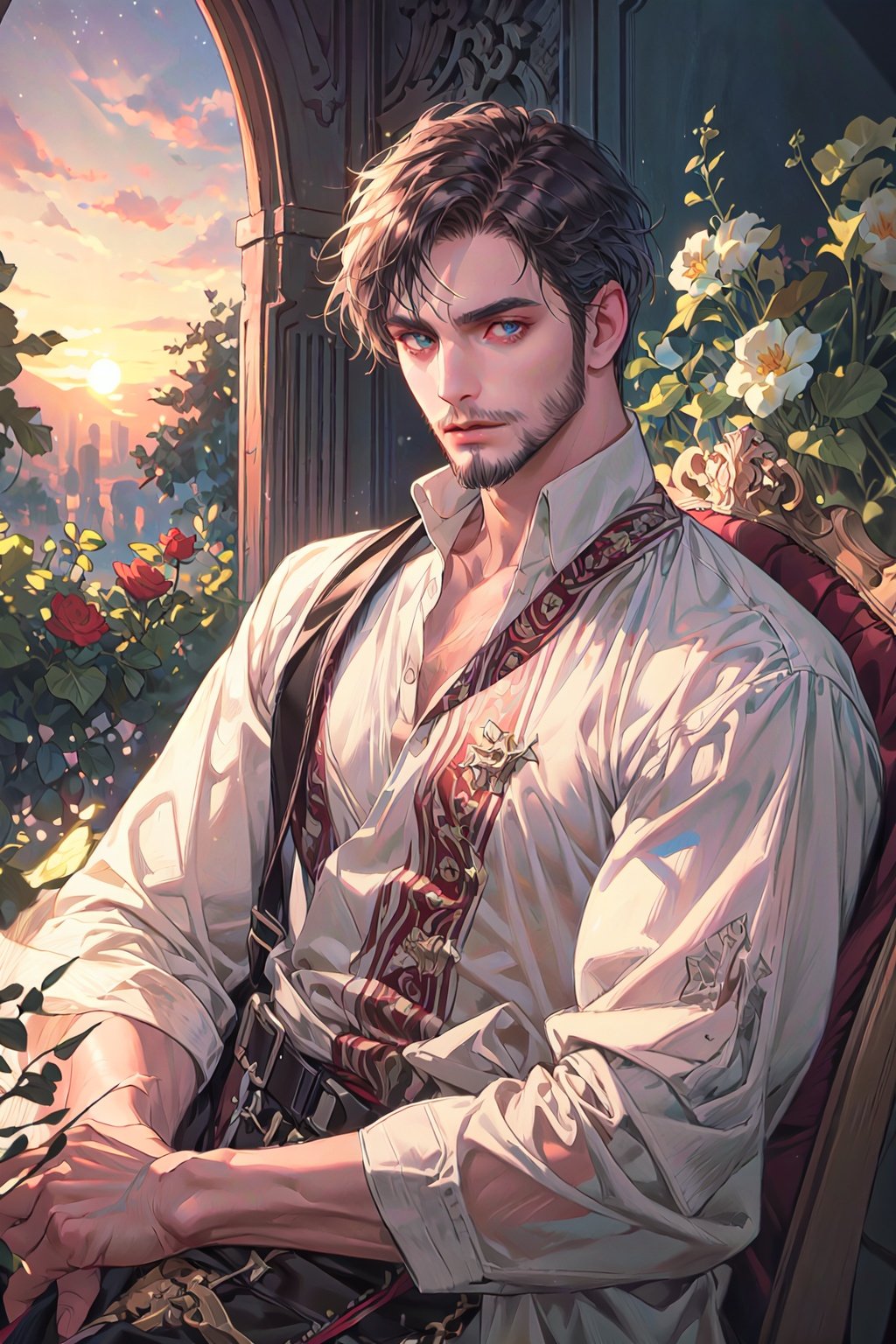 (masterpiece, best quality, perfact eyes, ultra detailed), absurdres, highres, subsurface scattering, (cowboy_shot:1.3), upper body, 1 male, solo, adult, middle-age, aged up, tall, handsome, sit on chair, open eyes, beard, king, garden, indoor, palace, sunset, beautiful background, closed mouth, (male_focus: 1.4), person in the center