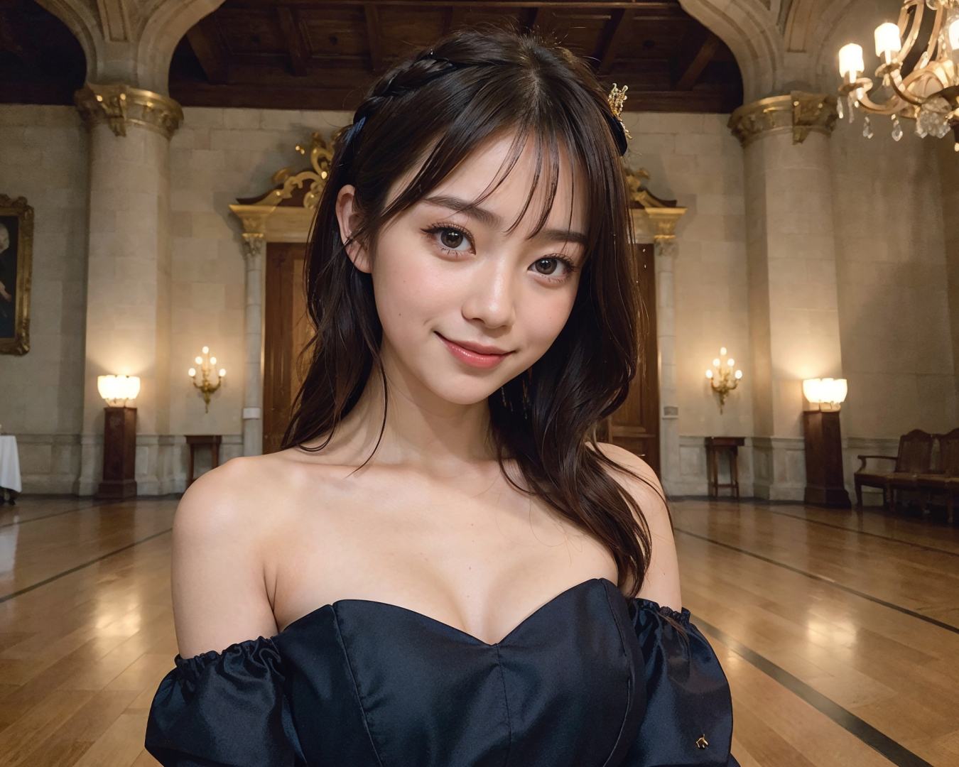 (portrait:1.4) ,Europe , cinematic lighting1japanese girl, solo, cute, kawaii, (shy, smile:1.1), (brown eyes),  detailed beautiful face, (midi_hair),(The Great Hall of a European Castle:1.2), standing(navy strapless dress:1.2),