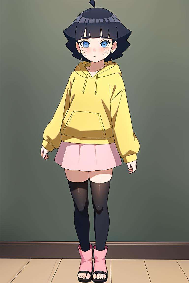 uzumaki_himawari, (masterpiece: 1.2), (absurdres: 1.2),(best quality: 1.2),  (young girl), (lines on face), short black hair, blunt bangs, blue eyes, ((yellow hoodie, pink skirt)), black thigh highs, red boots, standing, ((solo)), full body, <lora:UzumakiHimawari_v1:0.6>,