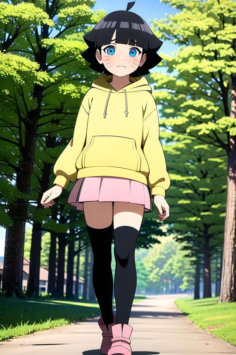 uzumaki_himawari, (masterpiece: 1.2), (absurdres: 1.2),(best quality: 1.2),  (young girl), (lines on face), short black hair, blunt bangs, blue eyes, ((yellow hoodie, pink skirt)), black thigh highs, red boots, standing, forest background,((solo)), full body, anime screenshot, <lora:UzumakiHimawari_v1:0.6>,