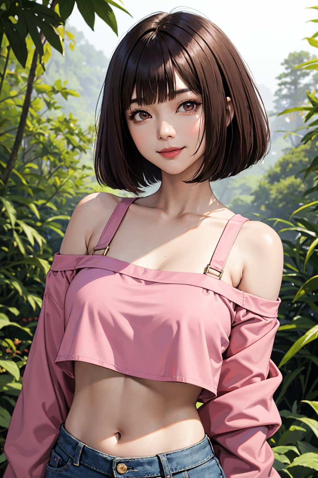 asian woman, brown hair, bob cut, smile, pink crop top, off-shoulder, close-up, forest background