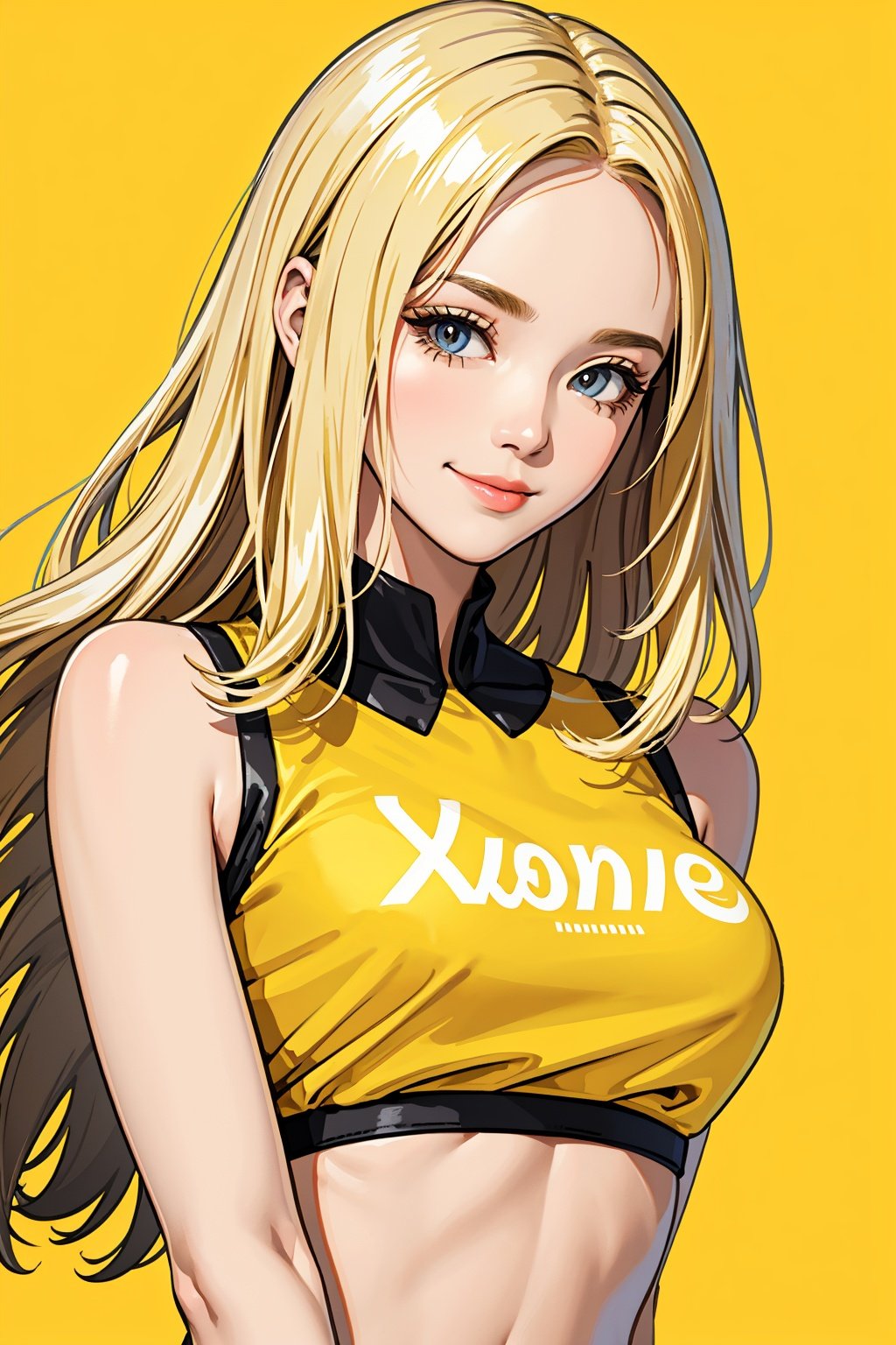 russian woman, medium hair, blonde, close-up, smile, crop top, (yellow background)