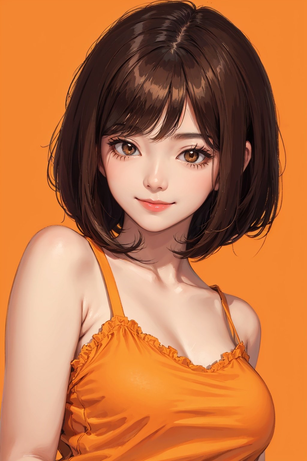 asian woman, brown hair, bob cut, smile, (orange camisole), close-up, (orange background)