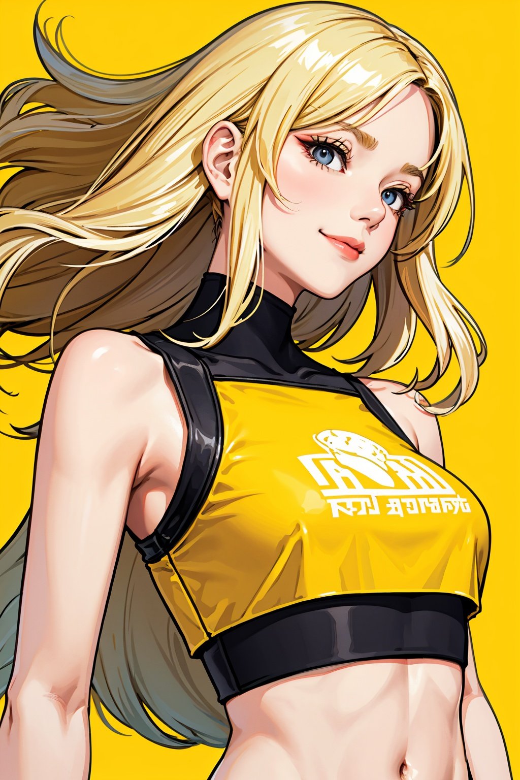 russian woman, medium hair, blonde, close-up, smile, crop top, (yellow background)