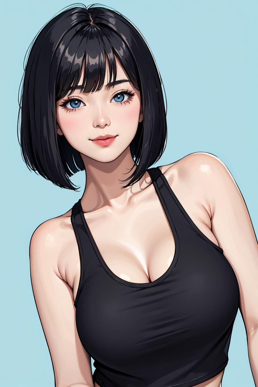 asian woman, bob cut, close-up, smile, large breast, (black tank top), (pastel blue background)