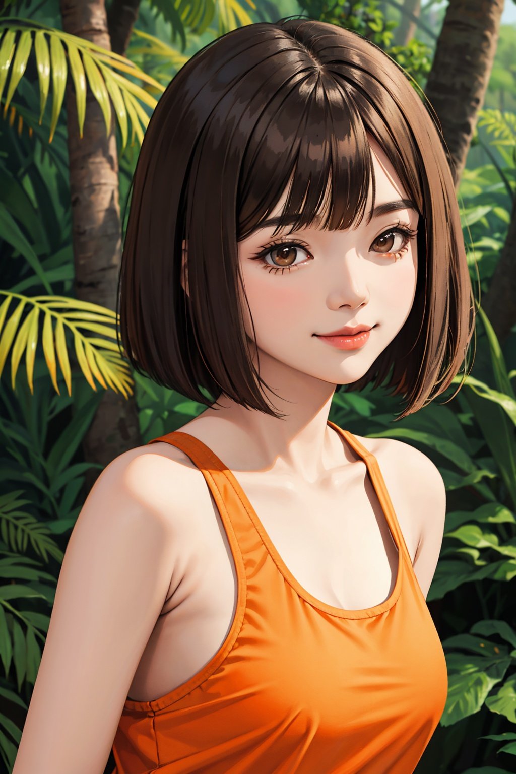 asian woman, brown hair, bob cut, smile, (orange camisole), close-up, forest background