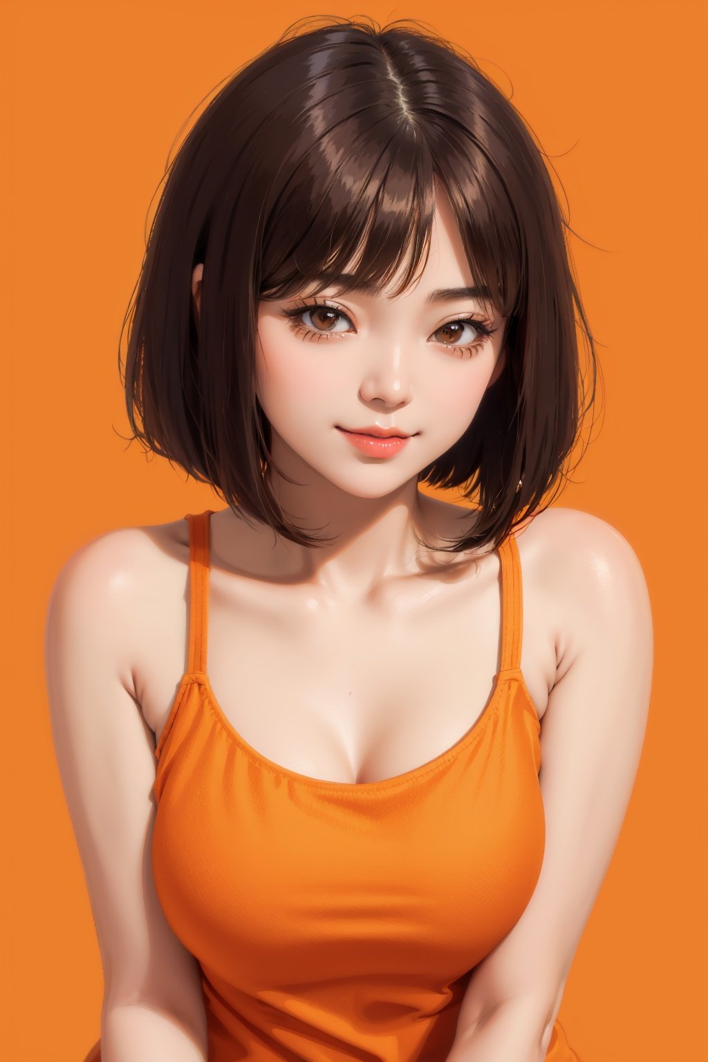 asian woman, brown hair, bob cut, smile, (orange camisole), close-up, (orange background)