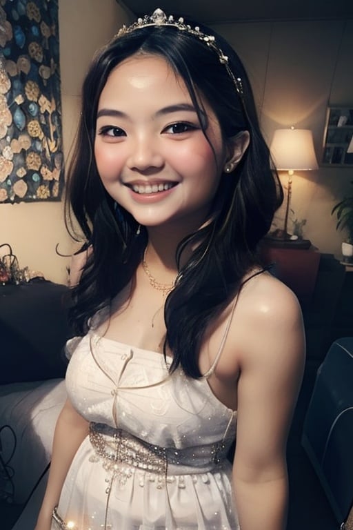 "1girl, 18yo, Cosmic Joy, Celestial Dress, Shimmering Hair, Happy Face, Sparkling Eyes, Vintage Charm, Timeless Elegance, Smiling Aura, Playful Dress, Blissful Mood, Radiant Beauty, Effervescent Glow, Joyful Vibe, Happy Fashion