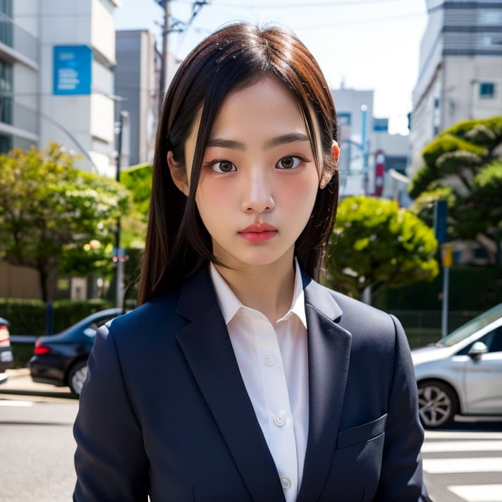 minji, (RAW photo, best quality), (realistic, photo-realistic:1.2), 1girl, solo, detailed sky, tokyo street, detailed eyes, shiny eyes, looking at viewer, (formal black suit:1.2), white shirt, beautiful hair, floating hair, <lora:sayhello0o-newjeansminji-v1-1:1>