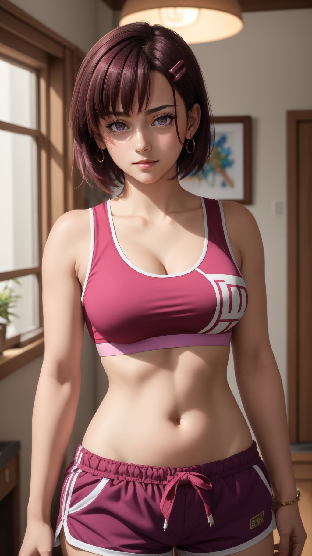 (masterpiece, best quality), intricate details, shizukazom100, 1girl, dark purple hair, short hair, bangs, purple eyes, hair ornament, hairclip, medium breasts, tank top, navel, cleavage, midriff, collarbone, shorts, pink shorts, dynamic pose, cowboy shot, looking at viewer, indoors, <lora:shizukazom100:0.7>