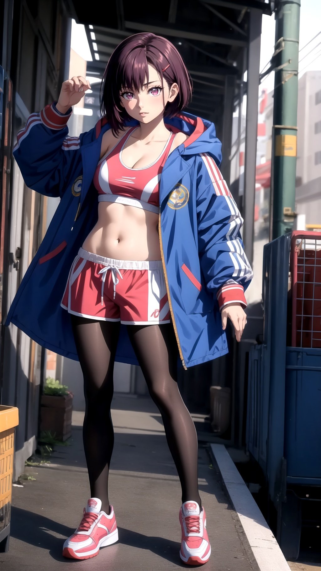 (masterpiece, best quality), intricate details, shizukazom100, 1girl, dark purple hair, short hair, bangs, purple eyes, hair ornament, hairclip, medium breasts, jacket, hood, hooded jacket, open jacket, long sleeves,  tank top, navel, cleavage, midriff, collarbone, shorts, legwear under shorts, pink shorts, pantyhose, dynamic pose, shoes, sneakers, pink footwear, looking at viewer, <lora:shizukazom100:0.7>