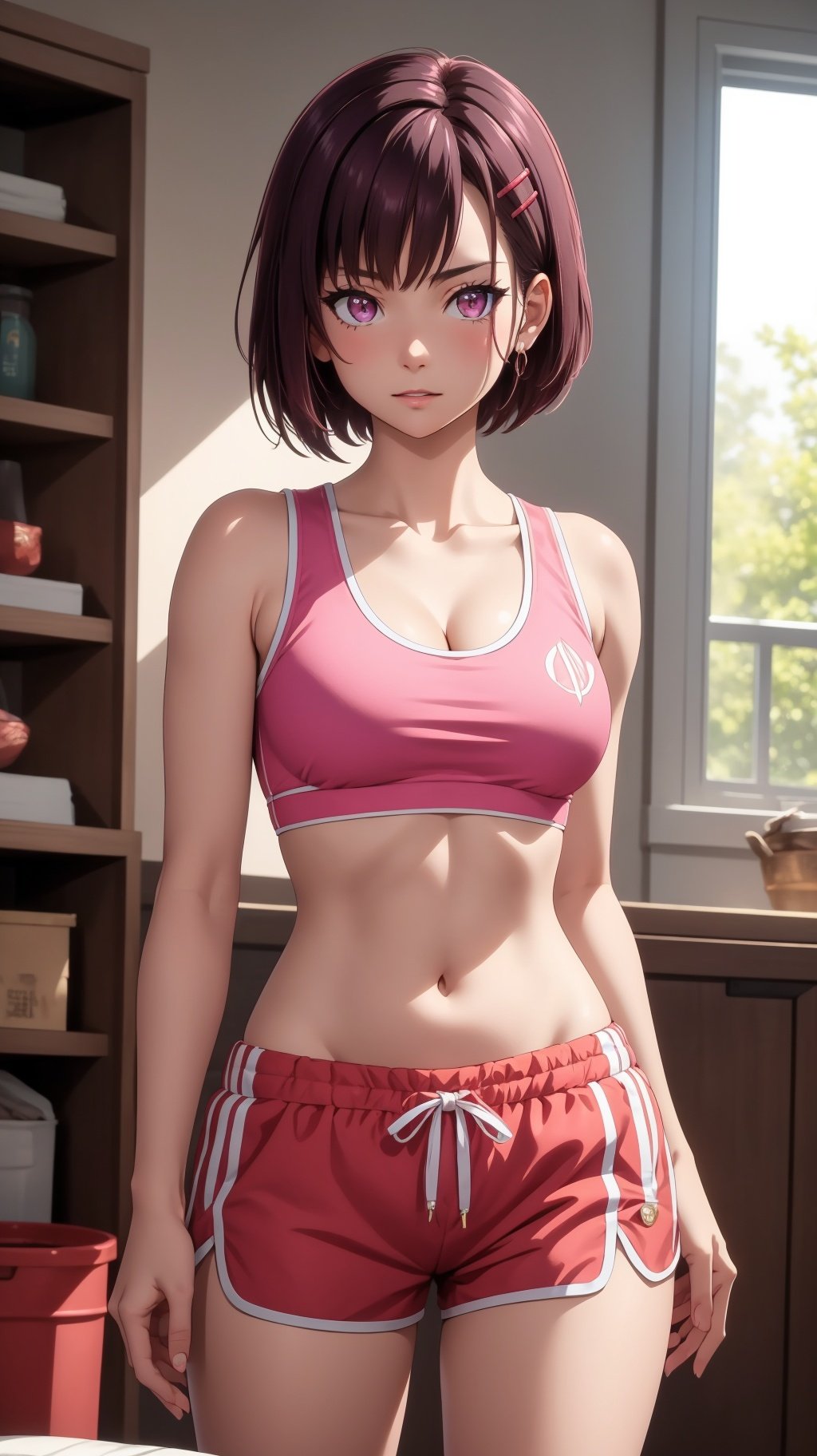 (masterpiece, best quality), intricate details, shizukazom100, 1girl, dark purple hair, short hair, bangs, purple eyes, hair ornament, hairclip, medium breasts, tank top, navel, cleavage, midriff, collarbone, shorts, pink shorts, dynamic pose, cowboy shot, looking at viewer, indoors, <lora:shizukazom100:0.7>