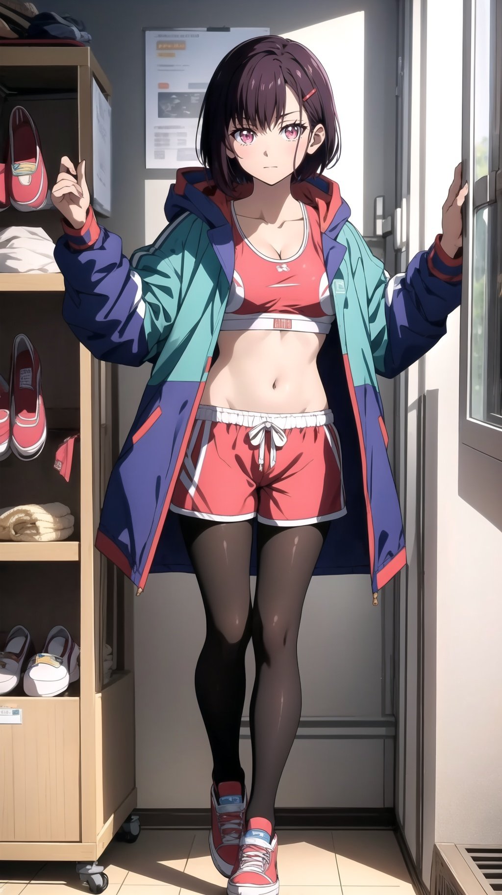 (masterpiece, best quality), intricate details, shizukazom100, 1girl, solo, dark purple hair, short hair, bangs, purple eyes, hair ornament, hairclip, medium breasts, jacket, hood, hooded jacket, open jacket, long sleeves,  tank top, navel, cleavage, midriff, collarbone, shorts, legwear under shorts, pink shorts, pantyhose, dynamic pose, shoes, sneakers, pink footwear, looking at viewer, indoors, <lora:shizukazom100:0.7>