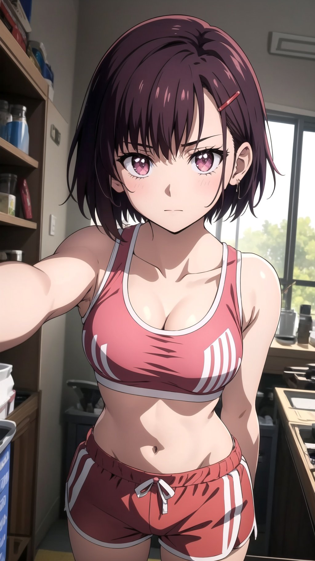 (masterpiece, best quality), intricate details, shizukazom100, 1girl, dark purple hair, short hair, bangs, purple eyes, hair ornament, hairclip, medium breasts, tank top, navel, cleavage, midriff, collarbone, shorts, pink shorts, dynamic pose, cowboy shot, looking at viewer, indoors, <lora:shizukazom100:0.7>