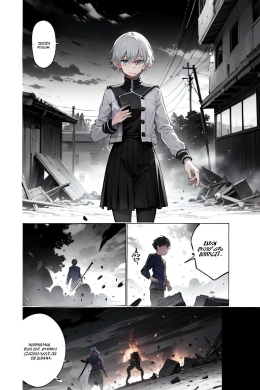 manga, 1girl, loli,  short_hair, 1boy, dress, school_uniform, jacket, monochrome, greyscale, crossover, floating, gakuran, debris, destruction, rubble, a_certain_high_school_uniform, telekinesis, levitation