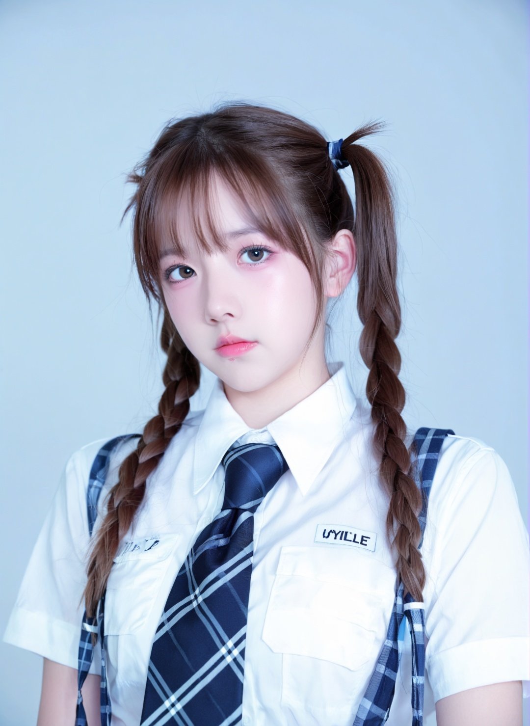 1girl,looking at viewer,long hair,necktie,plaid,realistic,school uniform,shirt,solo,striped necktie,twintails,cowboy shot,white shirt,