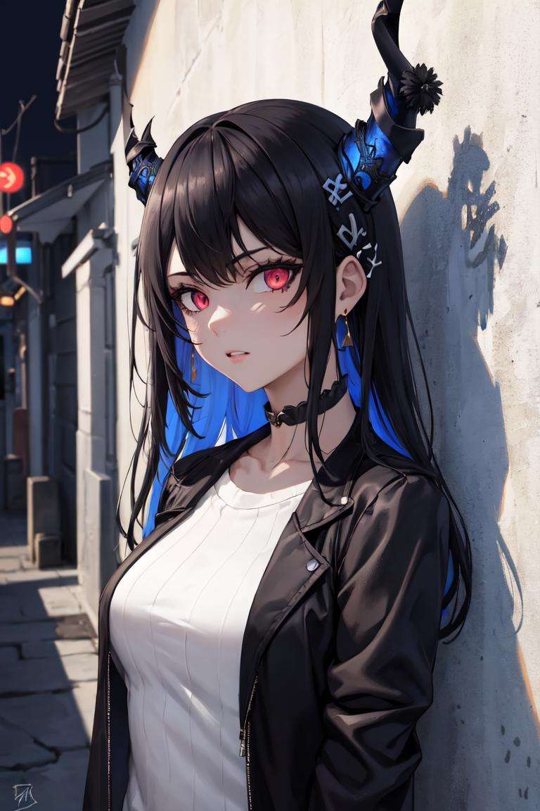 masterpiece, best quality, absurdres, perfect anatomy, 1girl, solo, NerissaRavencroft, horns, hair ornament, earrings, sharp eyes, choker, neon shirt, open jacket, turtleneck sweater, night, against wall, brick wall, graffiti, dim lighting, alley, looking at viewer, upper body, <lora:NerissaRavencroft:0.8>