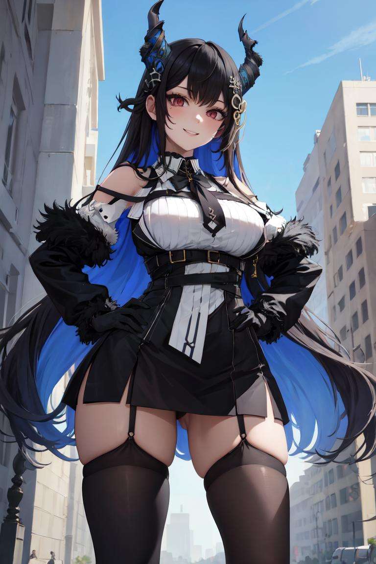 masterpiece, best quality, absurdres, perfect anatomy, 1girl, solo, NerissaRavencroft, horns, hair ornament, collared shirt, black skirt, garter straps, thighhighs, fur trim, detached sleeves, black gloves, smile, outdoors, hands on hips, <lora:NerissaRavencroft:1>