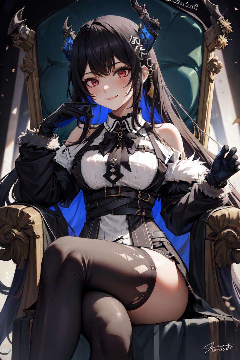 masterpiece, best quality, absurdres, perfect anatomy, 1girl, solo, NerissaRavencroft, horns, hair ornament, collared shirt, black skirt, garter straps, thighhighs, fur trim, detached sleeves, black gloves, smile, throne, sitting, crossed legs, <lora:NerissaRavencroft:1>