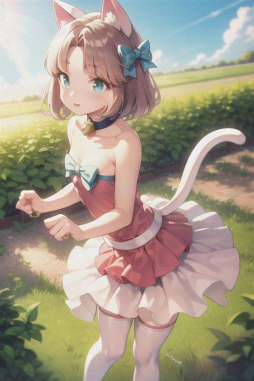 (masterpiece, best quality:1.2), <lora:Moneko-10:0.9>, moneko, pink dress, cyan bow, cat tail, in a tomato farm, sunlight, dirt, plants