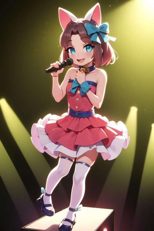 (masterpiece, best quality:1.2), <lora:Moneko-10:0.9>, moneko, pink dress, blue bow, 1girl, solo, smile, looking at viewer, idol, microphone, singing, stage, lights