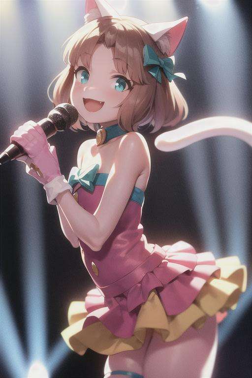 (masterpiece, best quality:1.2), <lora:Moneko-10:0.9>, moneko, pink dress, cyan bow, cat tail, 1girl, solo, smile, looking at viewer, idol, singing, stage, lights