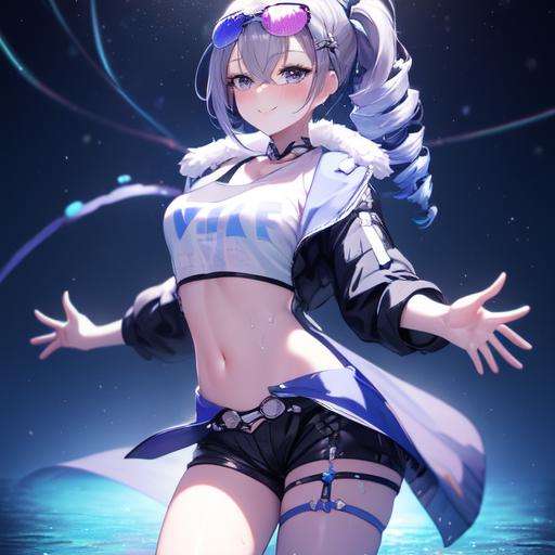(masterpiece, best quality:1.2), 1girl, solo, <lora:Silverwolf-10:0.8>, silverwolf, hair drill, coat, shorts, eyewear on head, smile, blush, looking at viewer, (cowboy shot, standing on an abstract water), dynamic pose, (bloom, swirling lights, light particles, detailed, 8k)