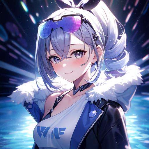 (masterpiece, best quality:1.2), 1girl, solo, <lora:Silverwolf-10:0.8>, silverwolf, hair drill, coat, shorts, eyewear on head, smile, blush, looking at viewer, (upper body, portrait, standing on an abstract water), dynamic pose, (bloom, swirling lights, light particles, detailed, 8k)
