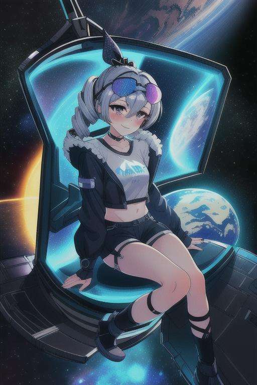 (masterpiece, best quality:1.2), 1girl, solo, <lora:Silverwolf-10:0.8>, silverwolf, hair drill, coat, shorts, eyewear on head, smile, blush, full body, looking at viewer, wariza, sitting, inside a spaceship in outer space, Earth in the Background, dark, dark theme, shining eyes