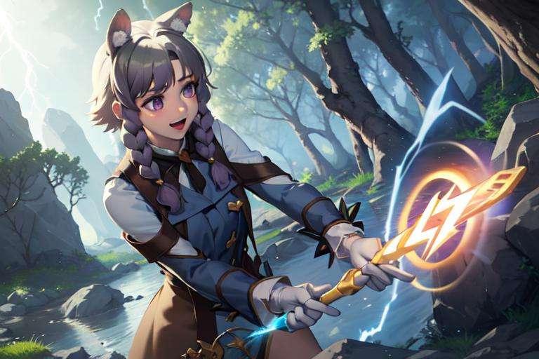 (masterpiece, best quality:1.2), 1girl, solo, <lora:Ishar-10:0.9>, ishar, defaultTP, purple eyes, twin braids, animal ears, white gloves, grey hair, skirt, dynamic pose, casting a spell, holding wand, light, lightning, holding, happy, magic, battle, fight, crowd, fantasy, wide angle, forest, trees, rocks, rocky terrain, sunlight, day, river