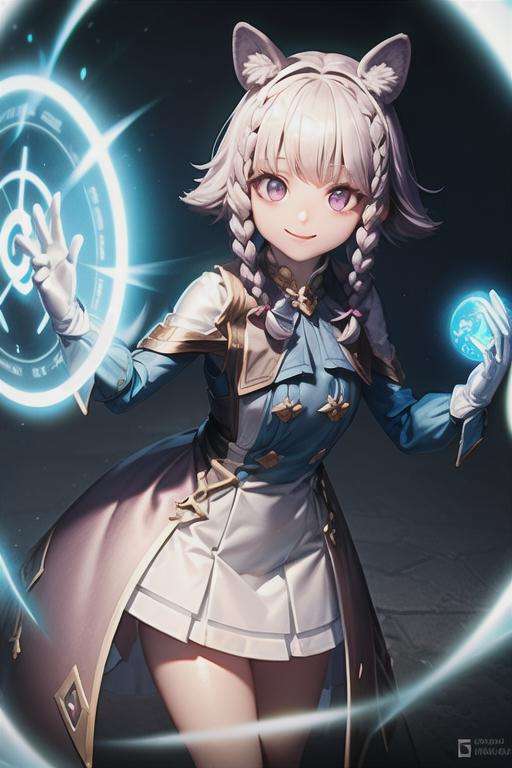 (masterpiece, best quality:1.2), <lora:more_details:0.5>, <lora:Ishar-10:0.8>, ishar, defaultTP, purple eyes, twin braids, animal ears, white gloves, grey hair, brown skirt, looking at viewer, smile, glowing light, magic circle on behind, midnight, bloom, ambient occlusion