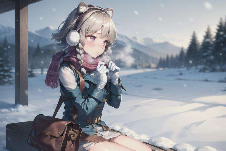 (masterpiece, best quality:1.2), <lora:more_details:0.5>, 1girl, solo, cowboy shot, sitting in the snow, <lora:Ishar-10:0.8>, ishar, defaultTP, purple eyes, twin braids, animal ears, white gloves, grey hair, warm clothes, wool jacket, breath, cool air, blush, beanie hat, earmuffs, scarf, looking to the side, frozen, contrast colors, snowy, winter, sunlight, snow