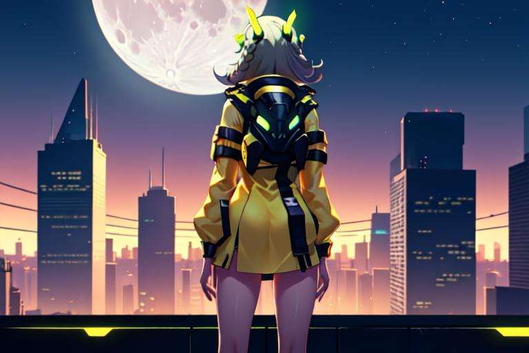 (masterpiece, best quality:1.2), 1girl, solo, <lora:Ishar-10:0.8>, ishar, hackerTP, yellow eyes, streaked hair, short dress, headgear, yellow jacket, standing on a rooftop, futuristic city, scifi, neon lights, night time, moon, night, turned away, turned around